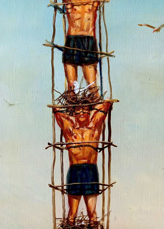 Two Men Climbing Wooden Tower