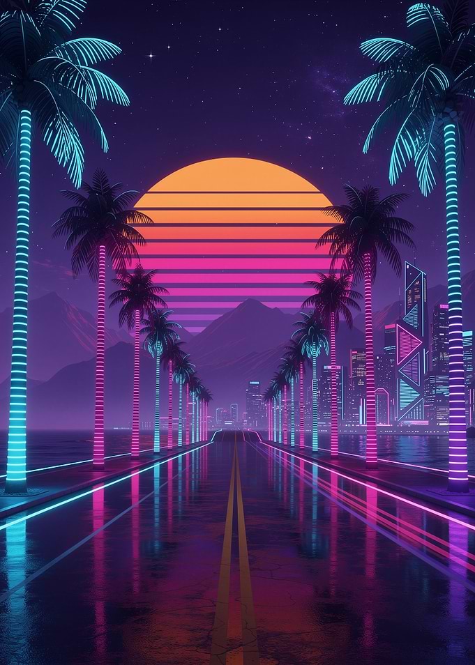 Synthwave Neon Palm Tree Cityscape