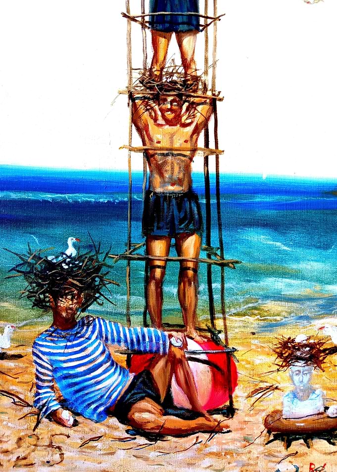 Surreal Beach Scene with Nesting Figures