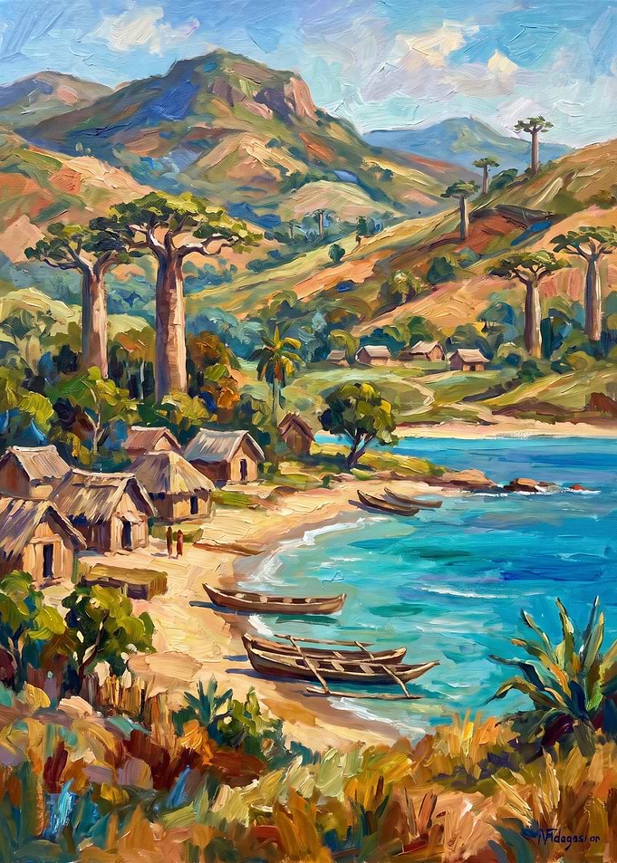 Coastal Village with Baobab Trees