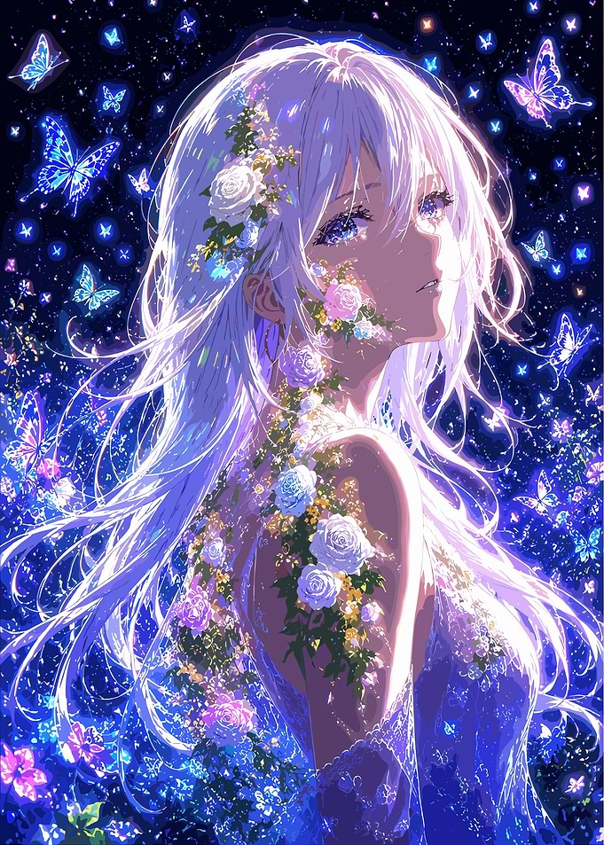 Anime Girl with Glowing Blue Butterflies