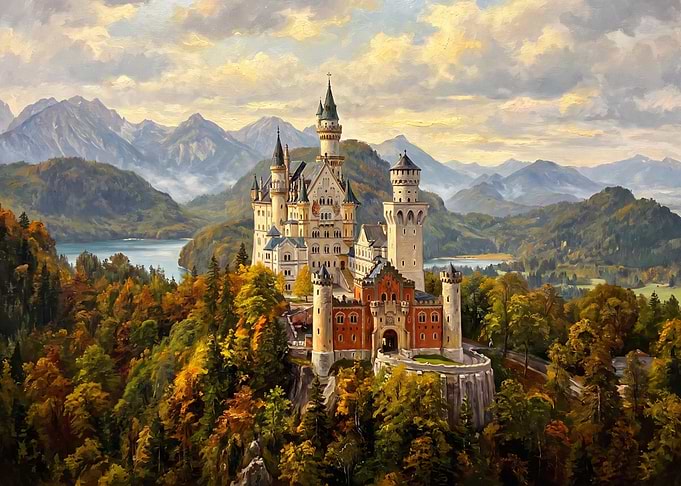 Neuschwanstein Castle in Autumn Landscape