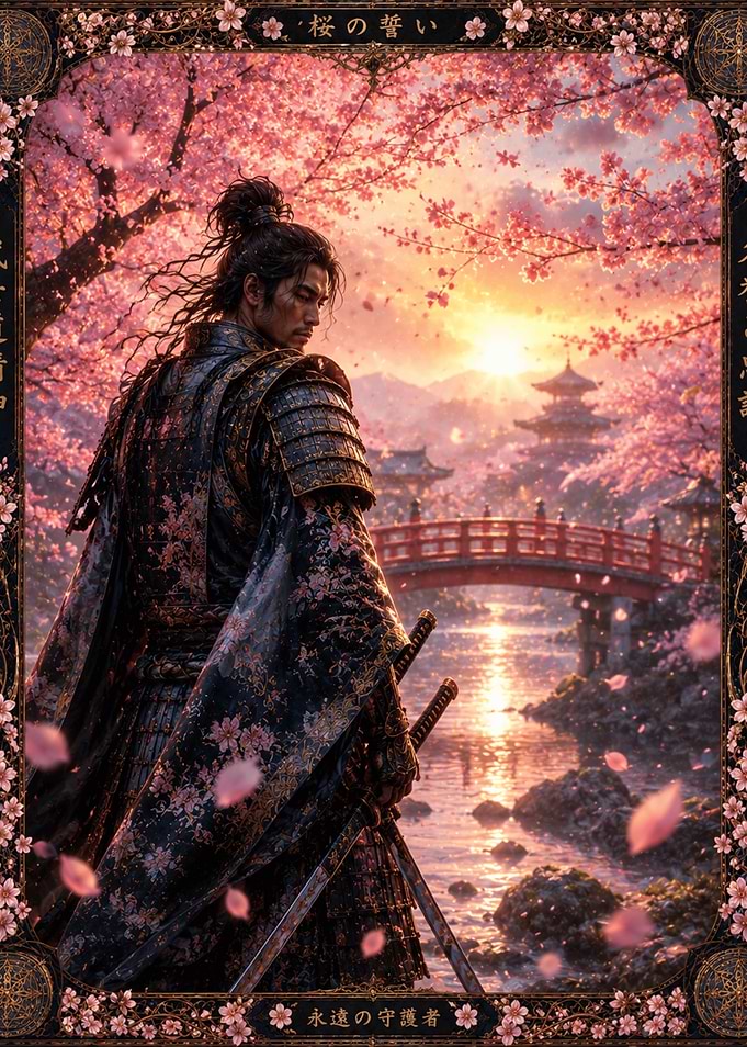 Samurai Standing Under Cherry Blossoms