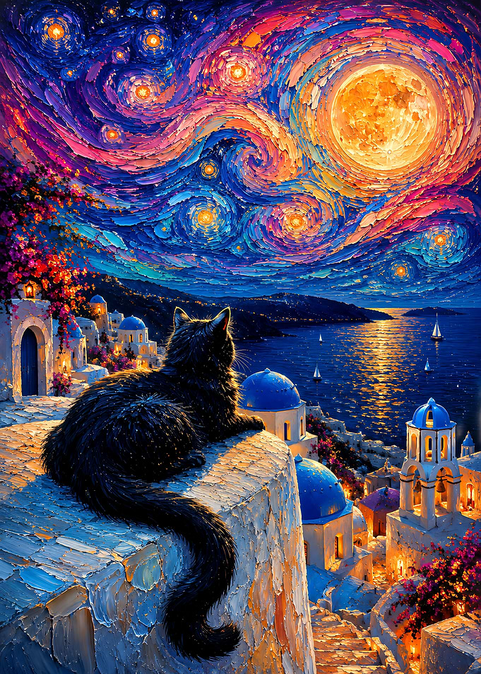Black Cat Overlooking Santorini Night