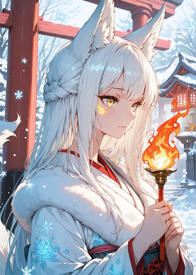 White Fox Girl with Torch