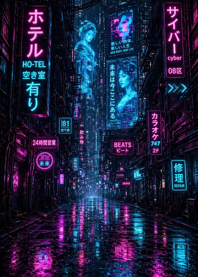 Cyberpunk Neon City Street at Night