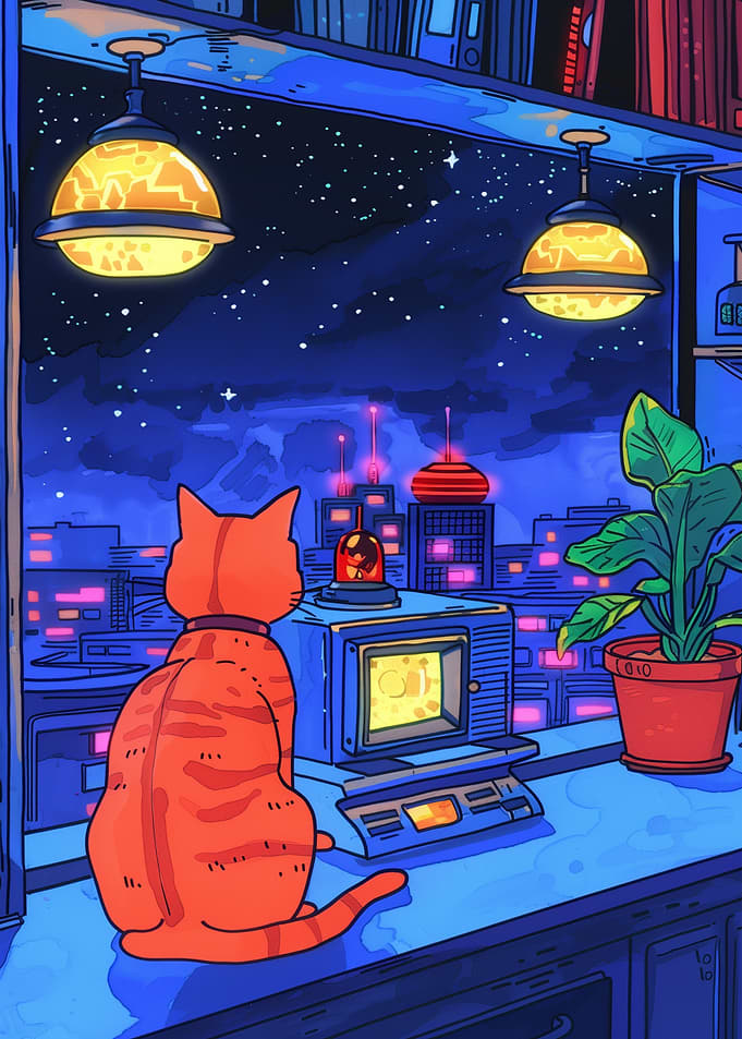 Orange Cat Watching Futuristic Cityscape