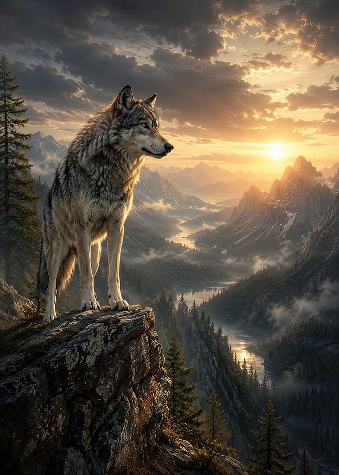 Majestic Wolf Overlooking Mountain Valley