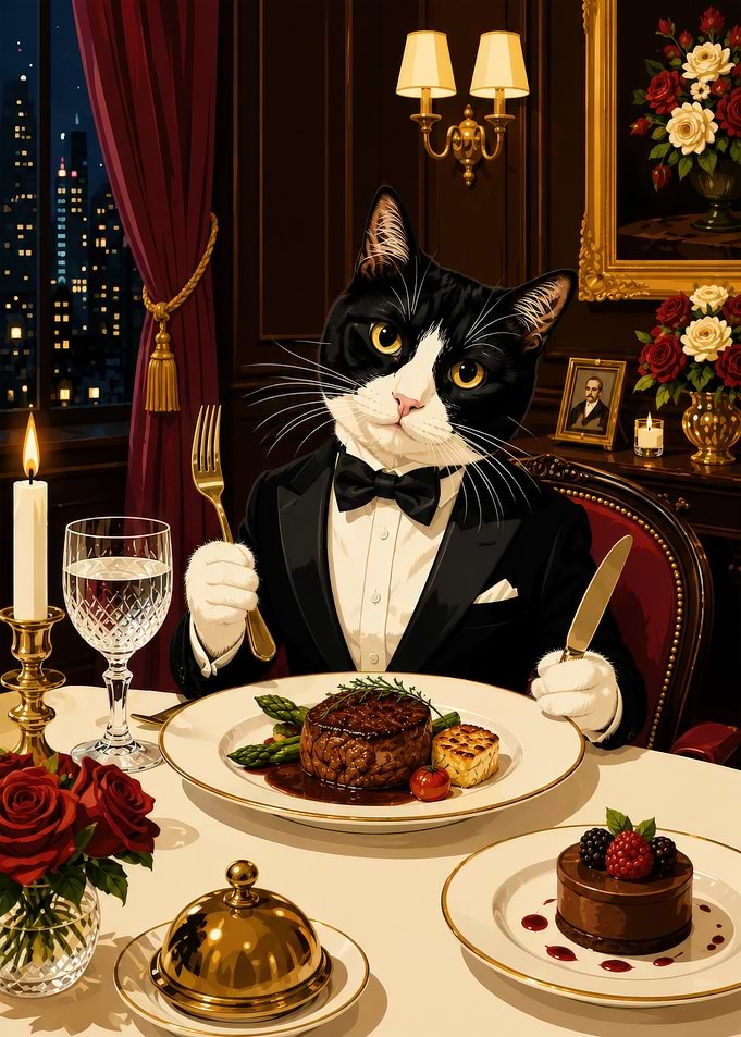 Sophisticated Tuxedo Cat Fine Dining