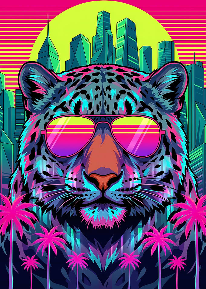Synthwave Leopard with Sunglasses