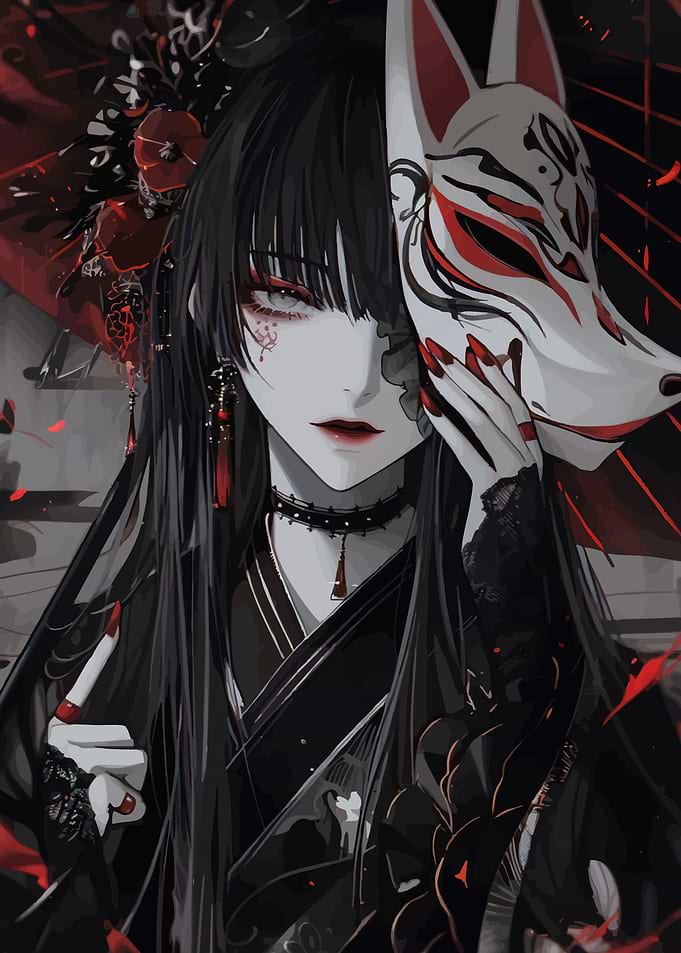 Anime Girl with Kitsune Mask