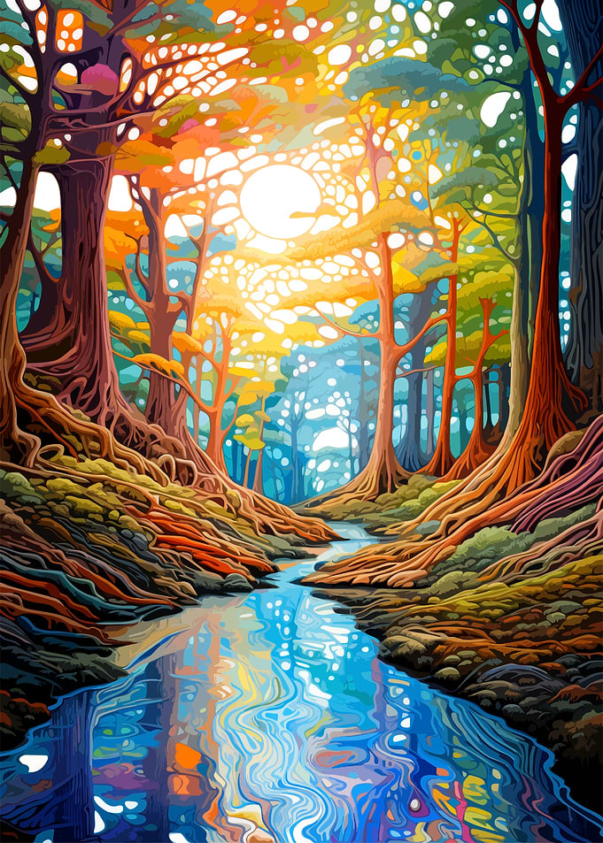 Vibrant Colorful Forest Stream Landscape