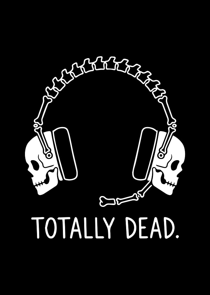 Funny Skeleton Gaming Wall Art - 'Totally Dead' Skull Headphones Gamer Room Decor