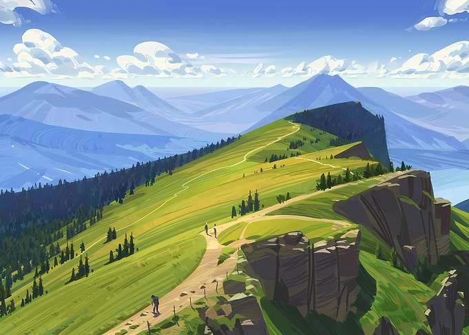 Hikers on a Mountain Ridge