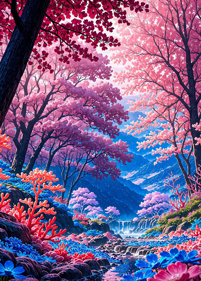 Enchanted Pink Forest and Waterfall Fantasy Landscape
