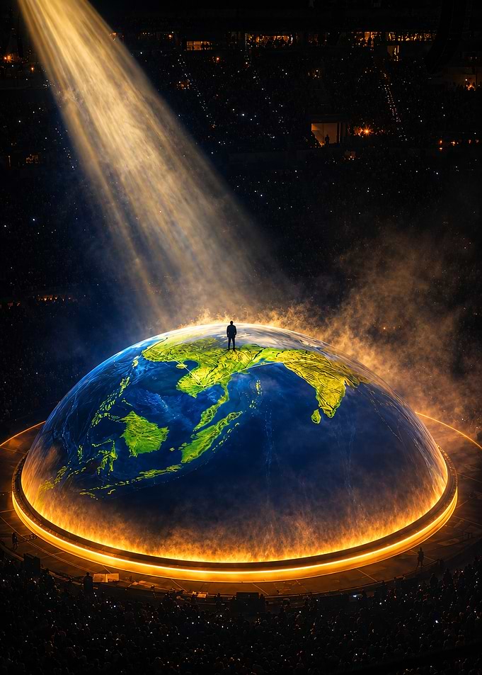 KANYE WEST Standing on Glowing Earth Sphere