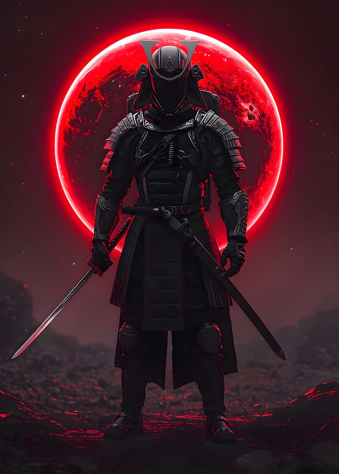 Futuristic Samurai Under Red Moon