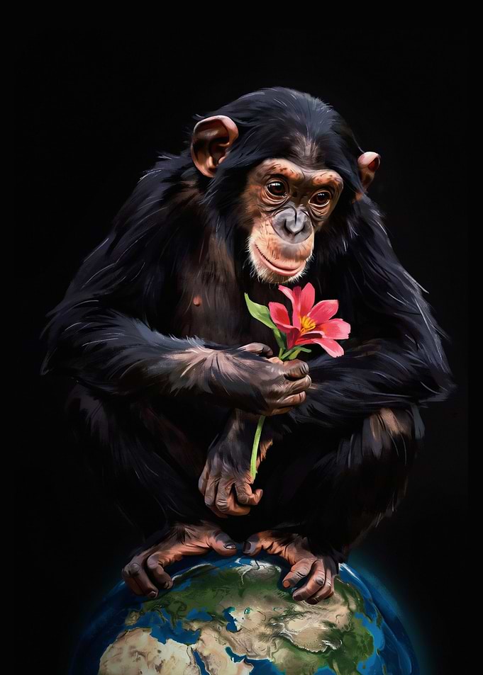 Chimpanzee Holding Flower on Earth