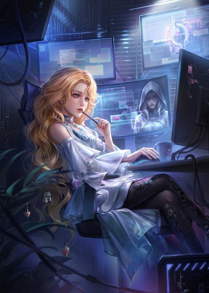 Anime Girl Hacker at Computer Station
