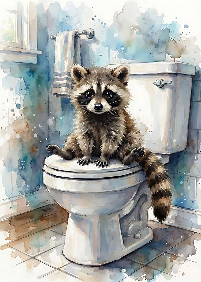 Cute Raccoon Sitting on Toilet