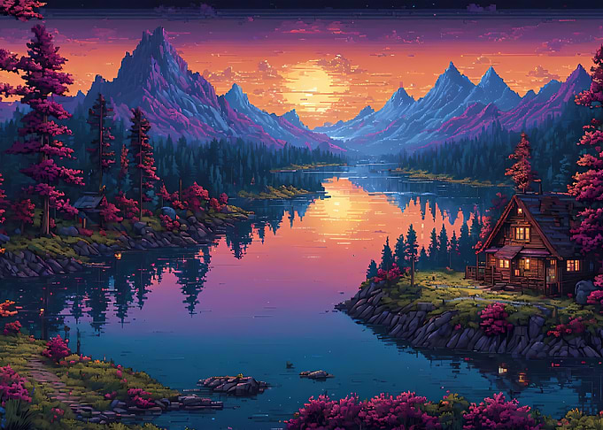 Pixel Art Mountain Lake Sunset