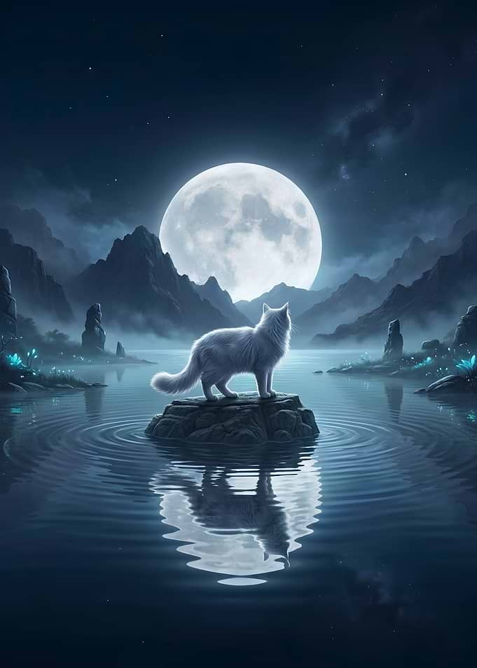 White Cat Under Full Moon