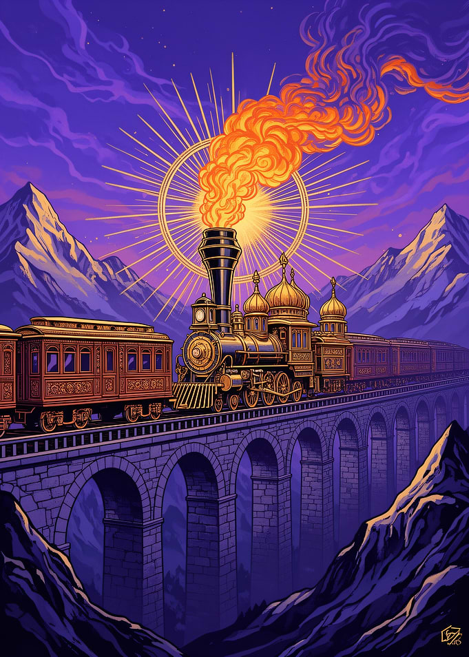 Fantasy Steam Train Crossing Mountain Bridge
