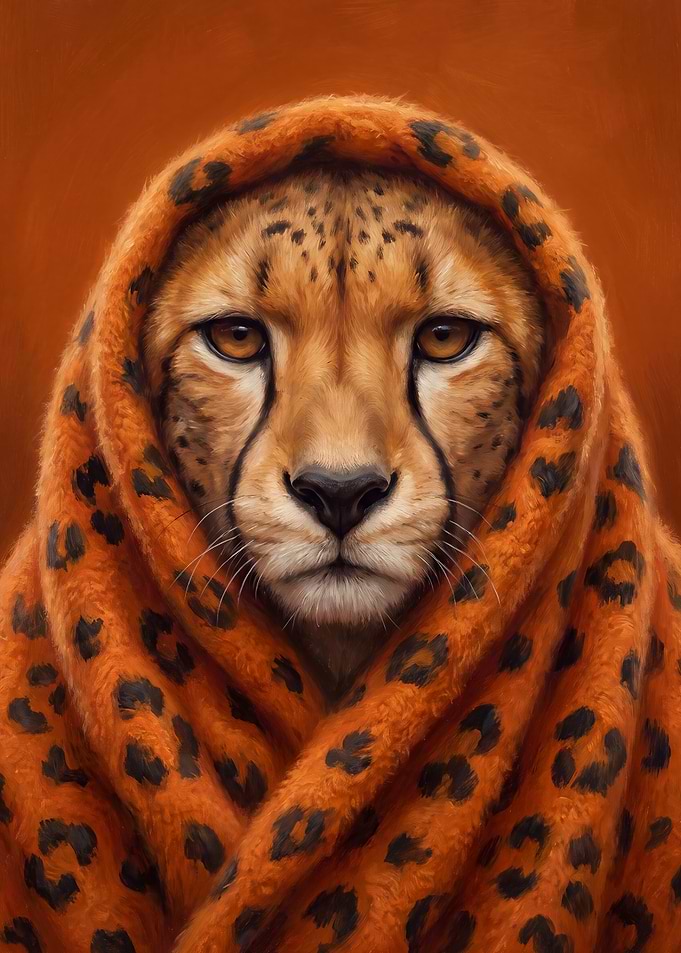 Cheetah Portrait Wrapped in Leopard Blanket