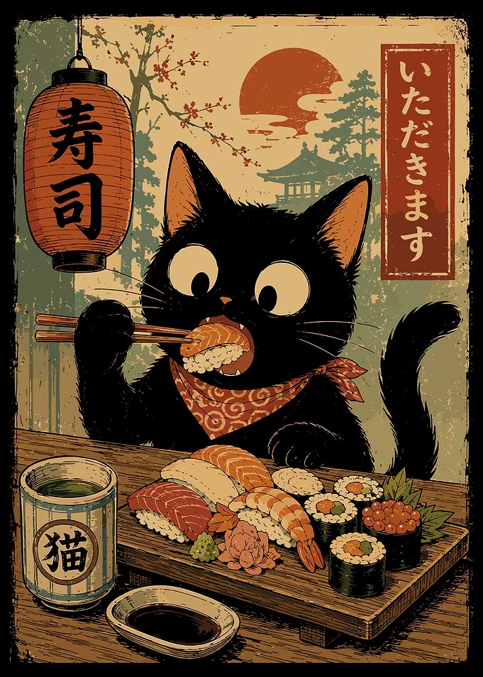 Black Cat Eating Sushi Poster