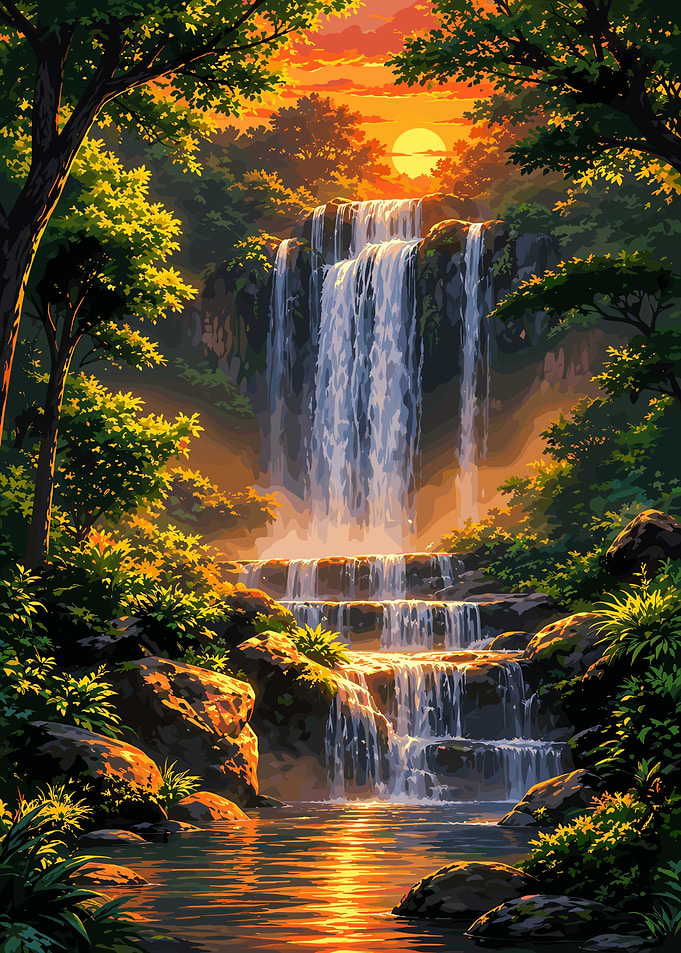 Golden Sunset Waterfall Forest Landscape