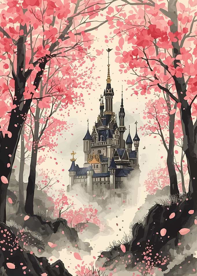 Fantasy Castle in Cherry Blossom Forest