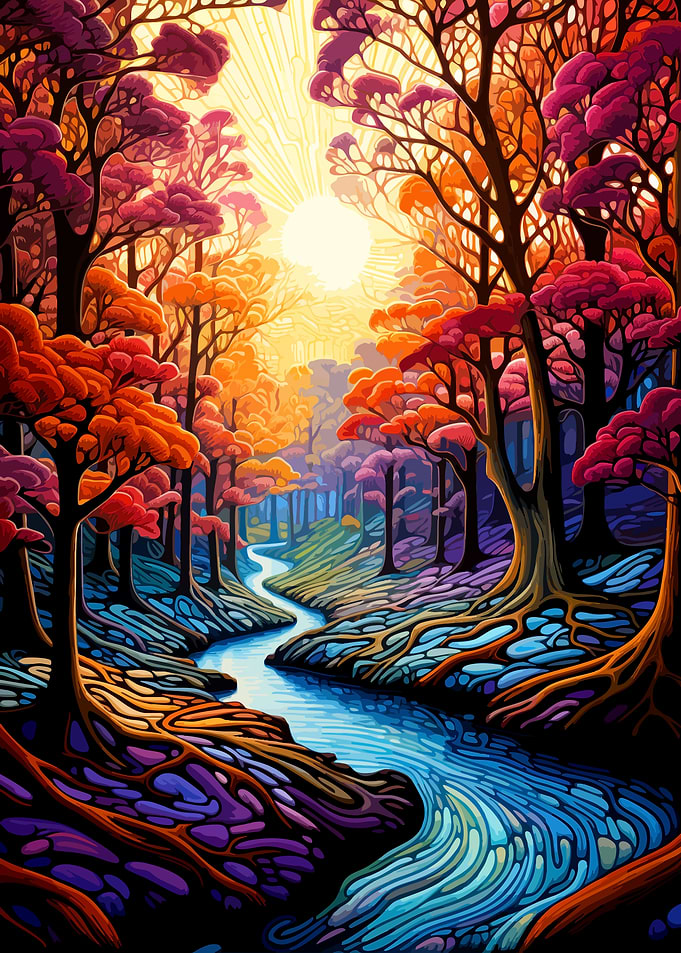 Vibrant Surreal Forest River Landscape