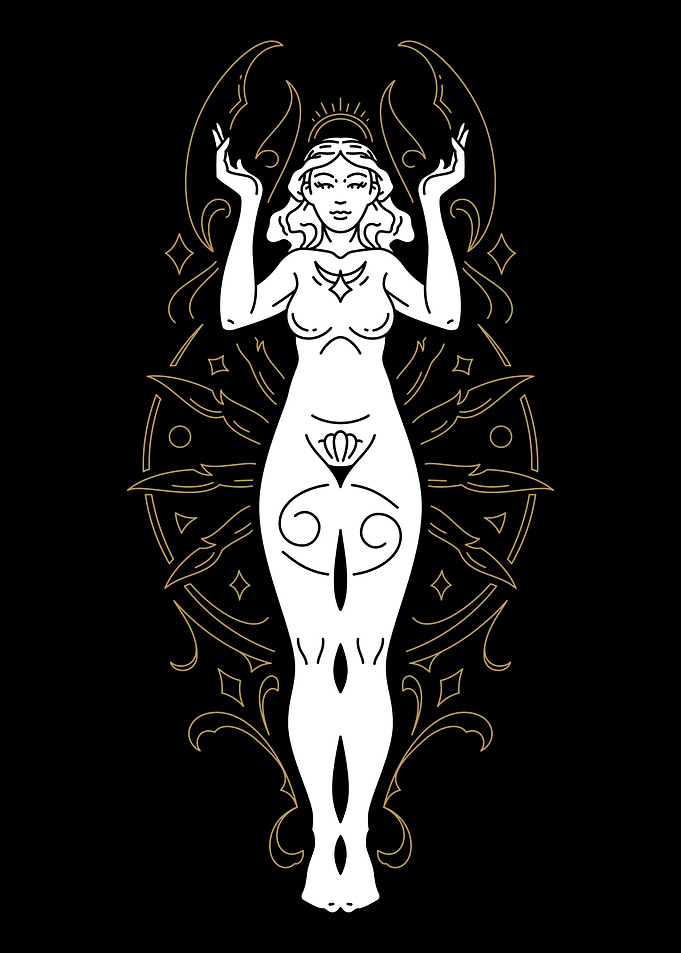 Celestial Cancer Zodiac Goddess Illustration
