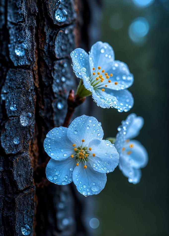 Dew-Covered Blue Blossoms on Tree Bark