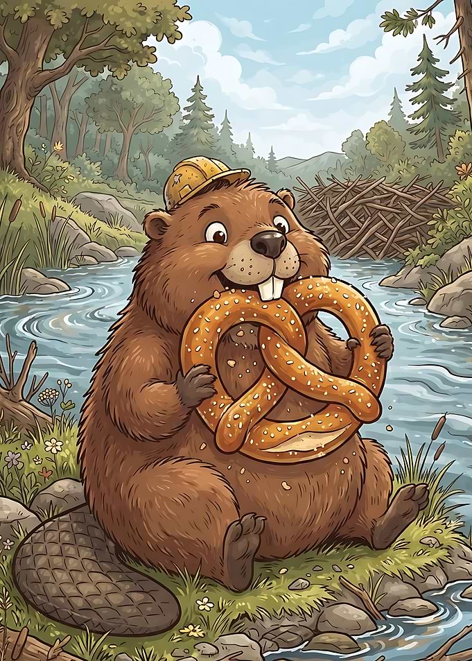 Cute Beaver Eating a Pretzel