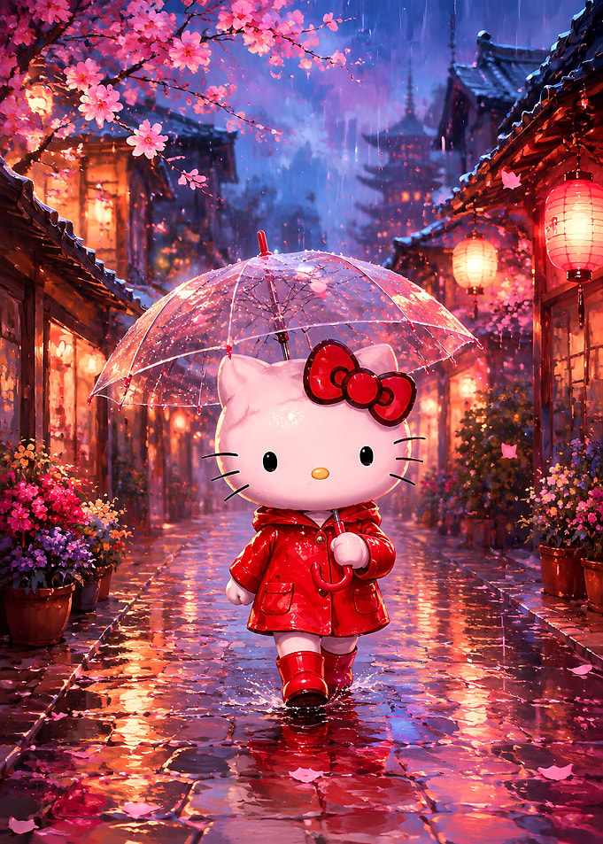 Hello Kitty Walking in Rainy Japan