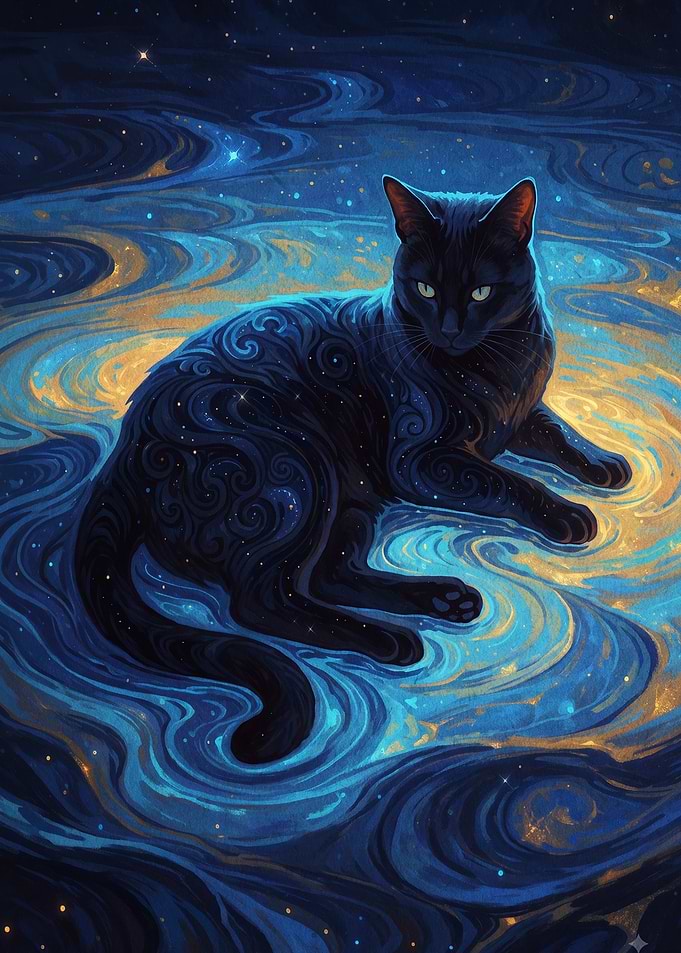 Cosmic Black Cat in Swirling Nebula