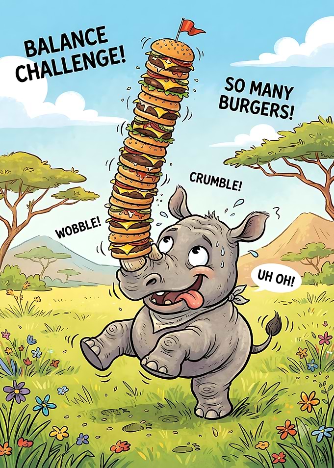 Rhino Balancing a Tower of Burgers