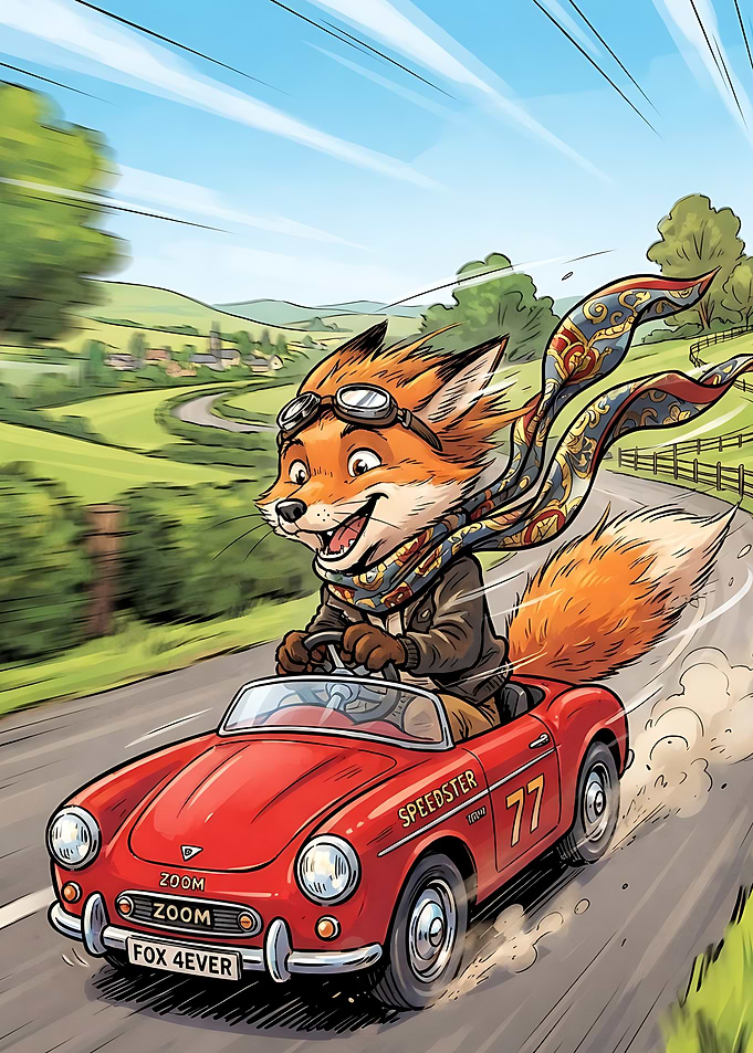 Fox Driving a Vintage Red Speedster