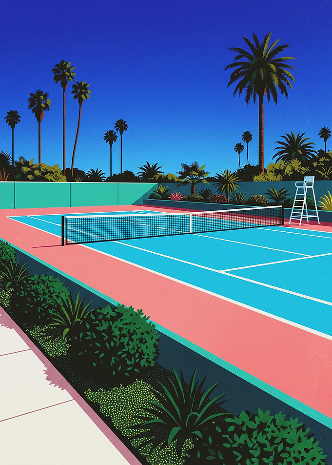 Vibrant Retro Tennis Court Illustration