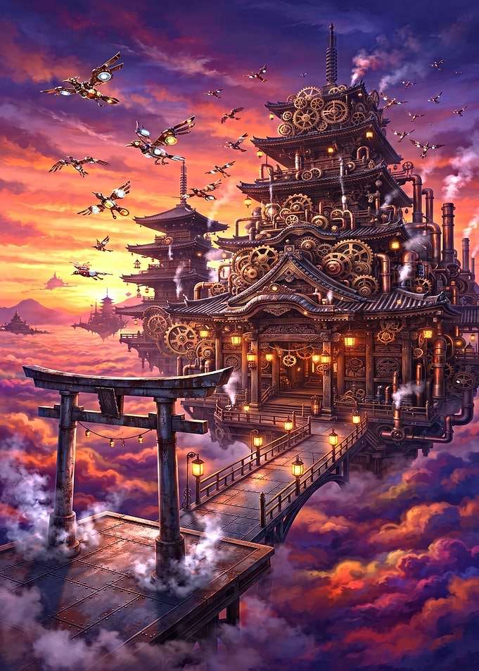 Steampunk Japanese Temple in the Clouds