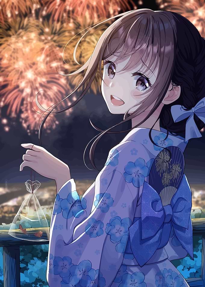 Anime Girl in Yukata with Fireworks