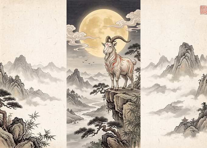 Chinese Ink Wash Goat Landscape Painting