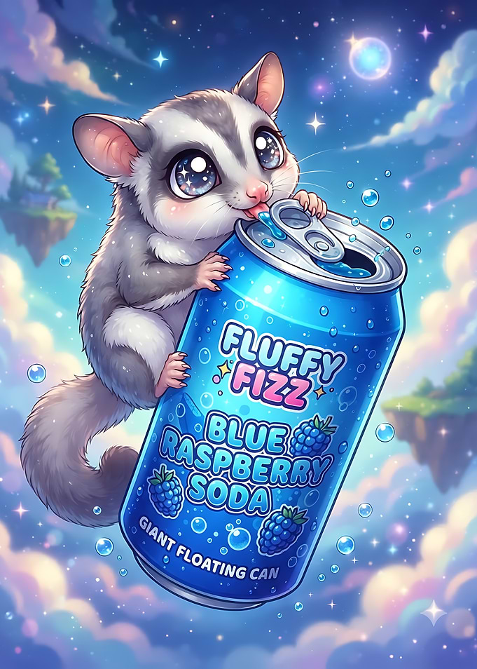 Cute Sugar Glider Drinking Blue Soda