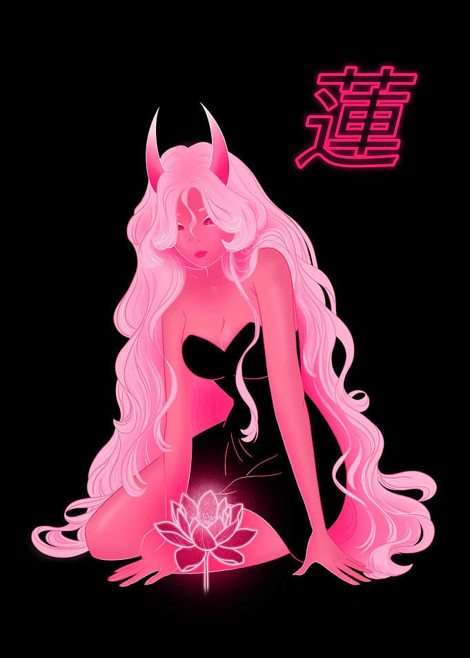 Neon Pink Demon Girl with Lotus
