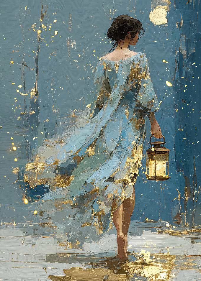 Woman with Lantern in Golden Light