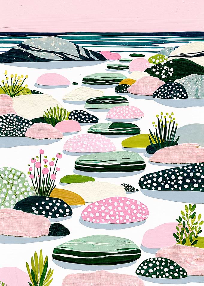 Abstract Coastal Landscape with Pink Stones
