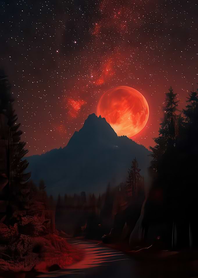 Red Moon Over Mountain Landscape