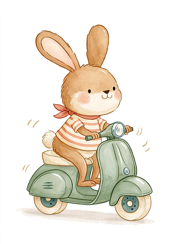 Bunny on a Retro Scooter – Vintage Kids Room