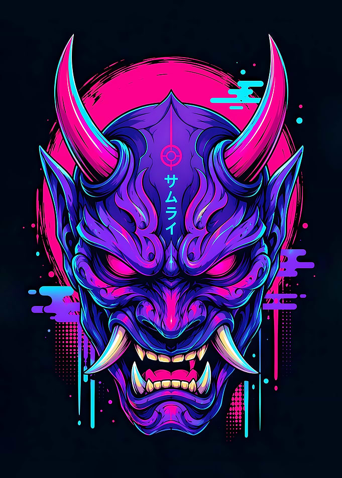 Neon Oni Samurai Mask Illustration